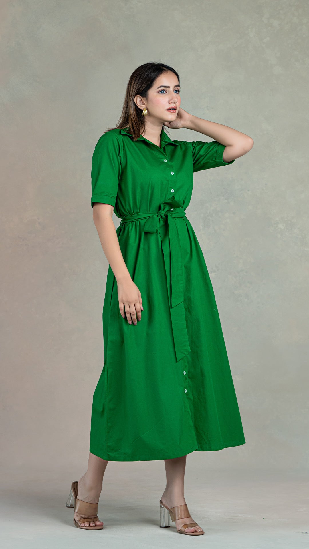 Dark Green Shirt Dress With Belt In Organic Cotton