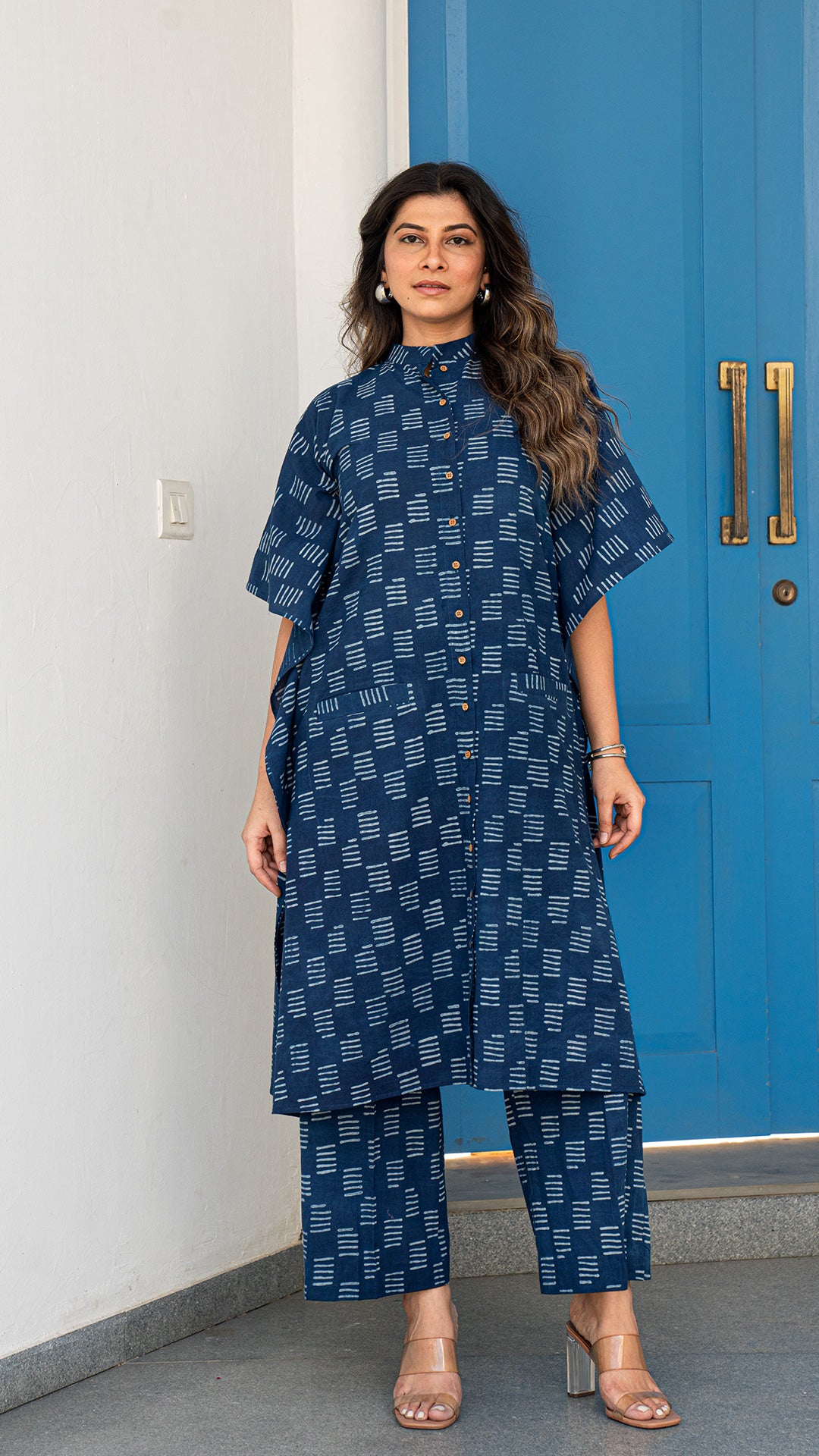 Mirah Indigo Dabu Kaftan Co-ord Set In Cotton