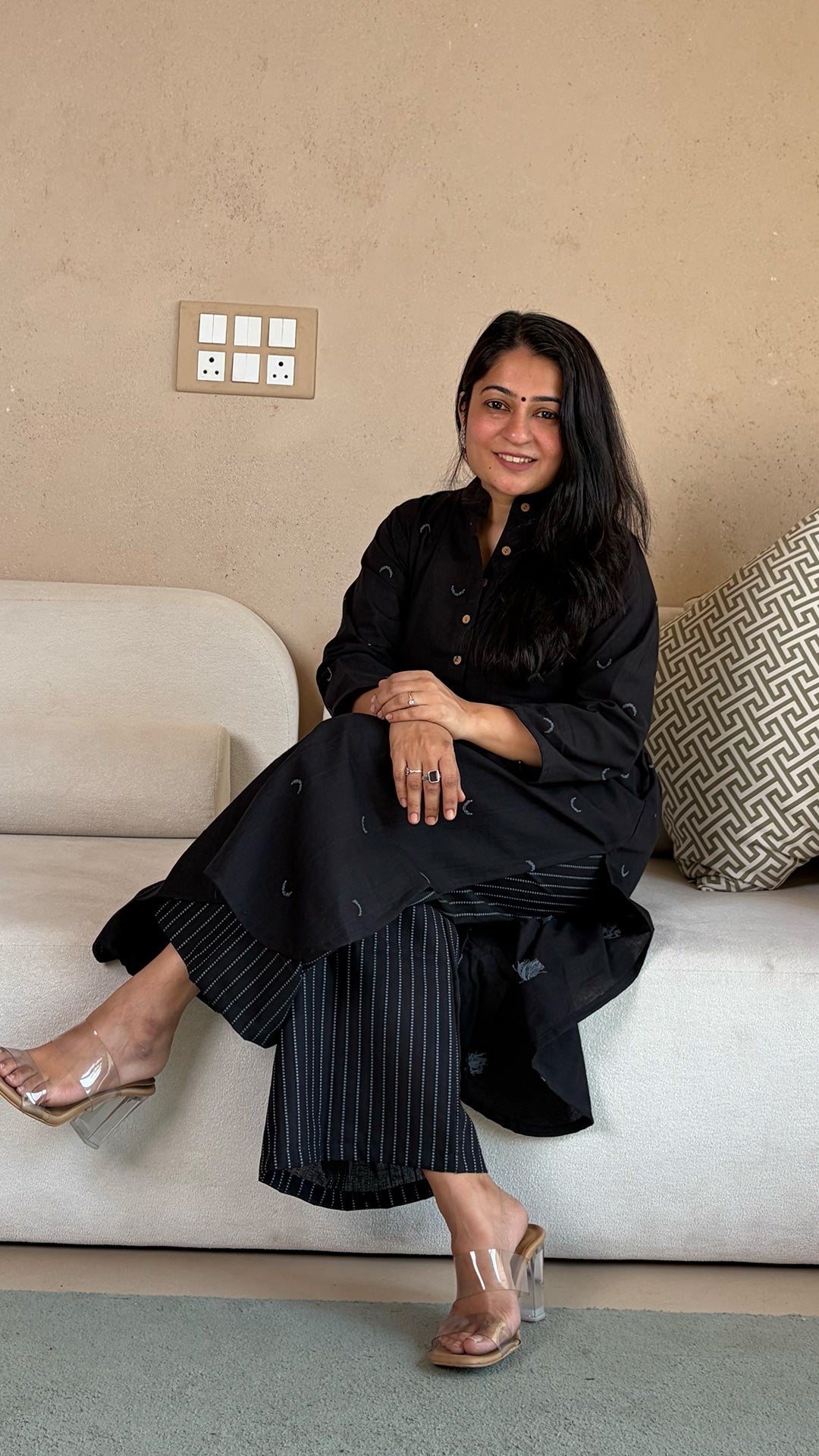 Black Chand Motif Hand Woven Cotton Kurta