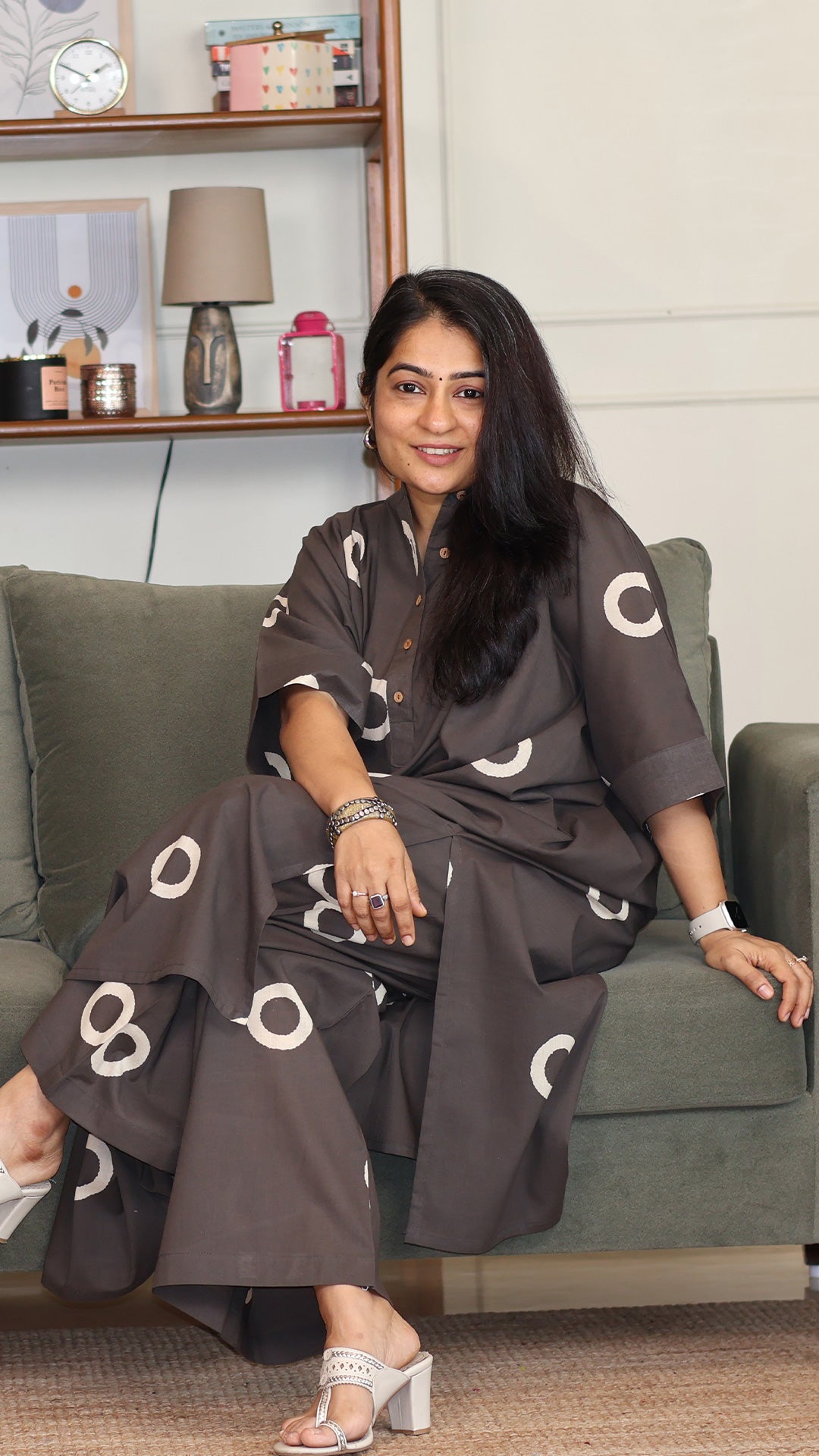 Grey - White Circles Hand Block Cotton Kaftan Co-ord