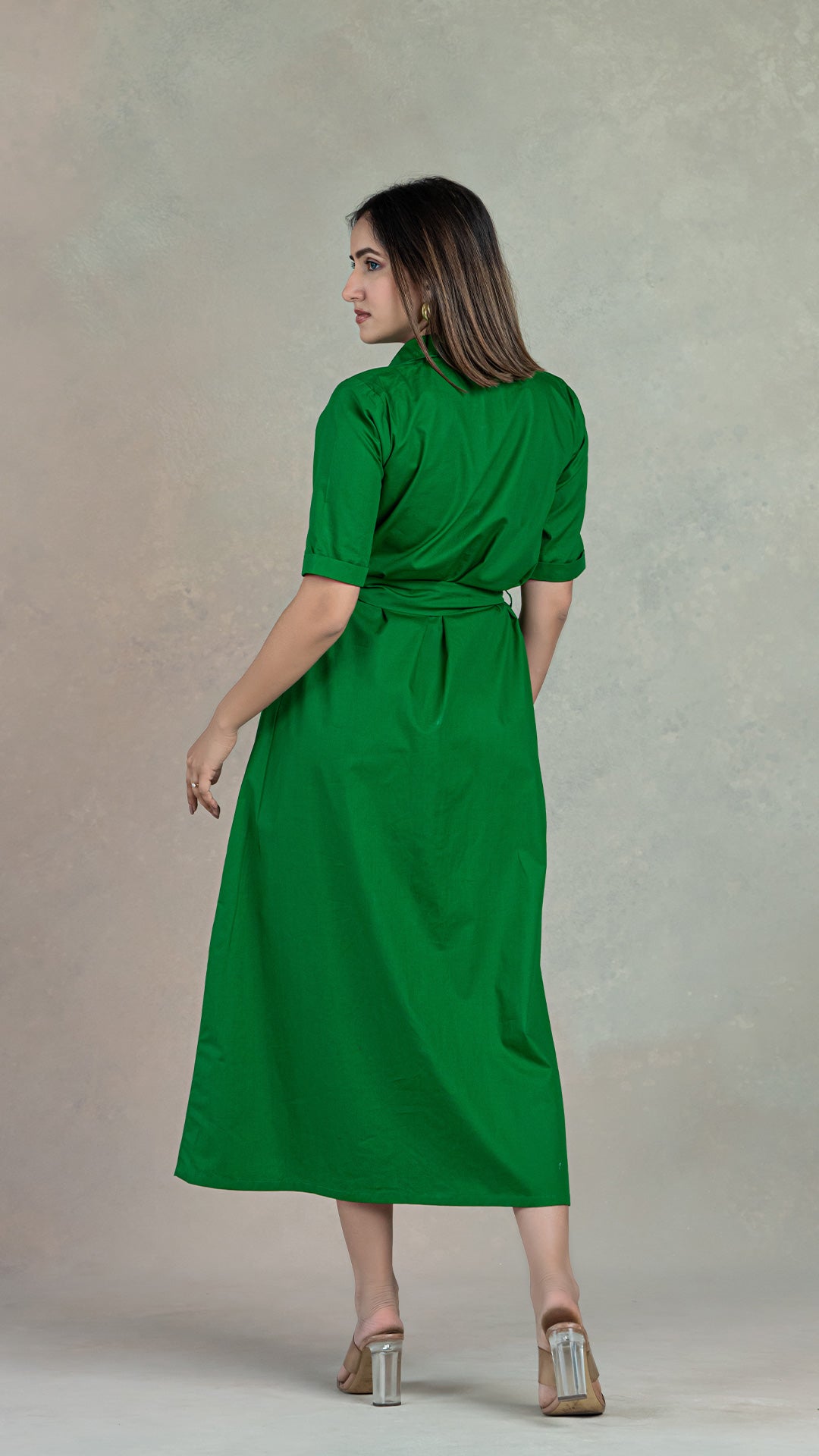 Dark Green Shirt Dress With Belt In Organic Cotton