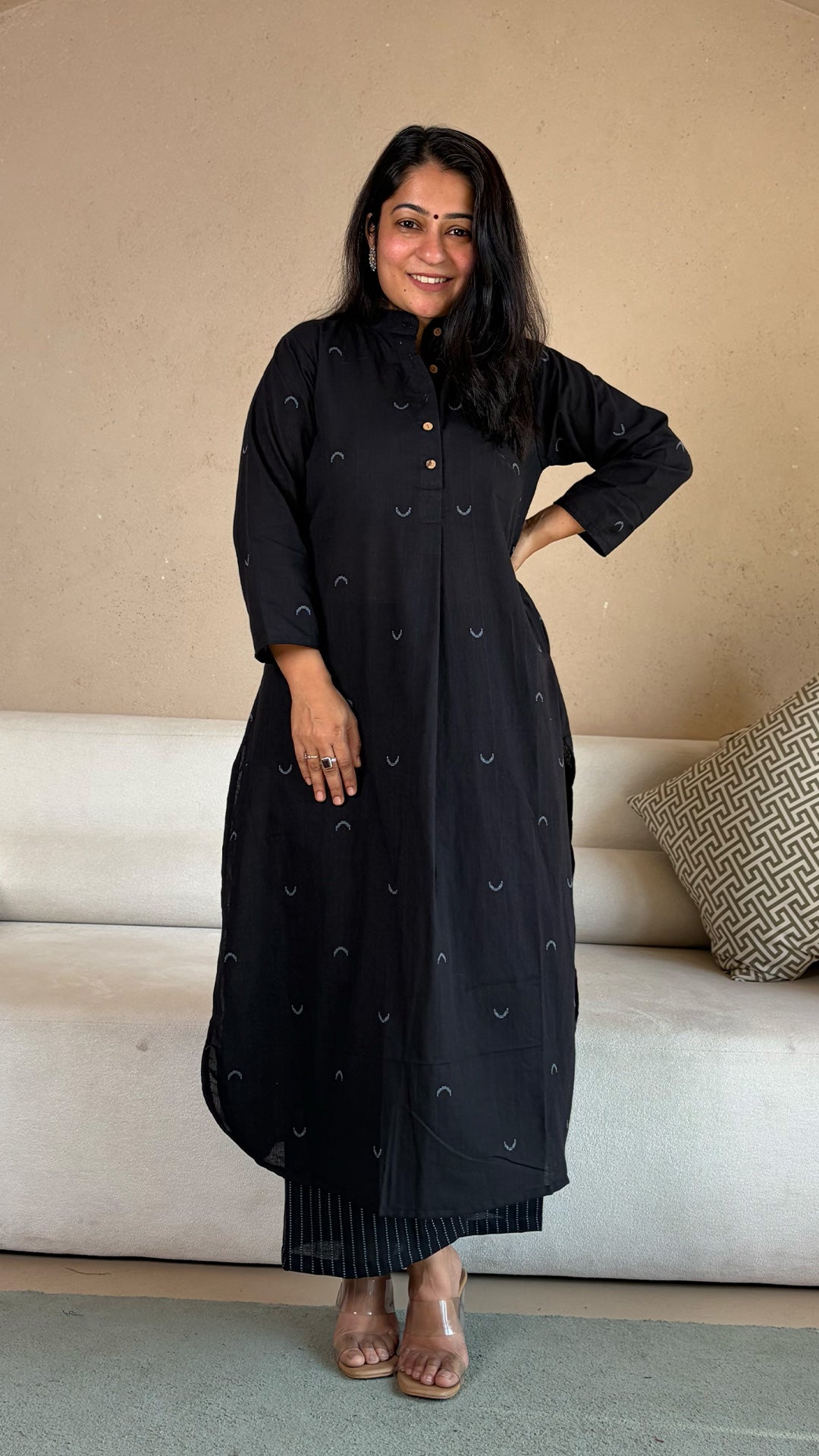 Black Chand Motif Hand Woven Cotton Kurta