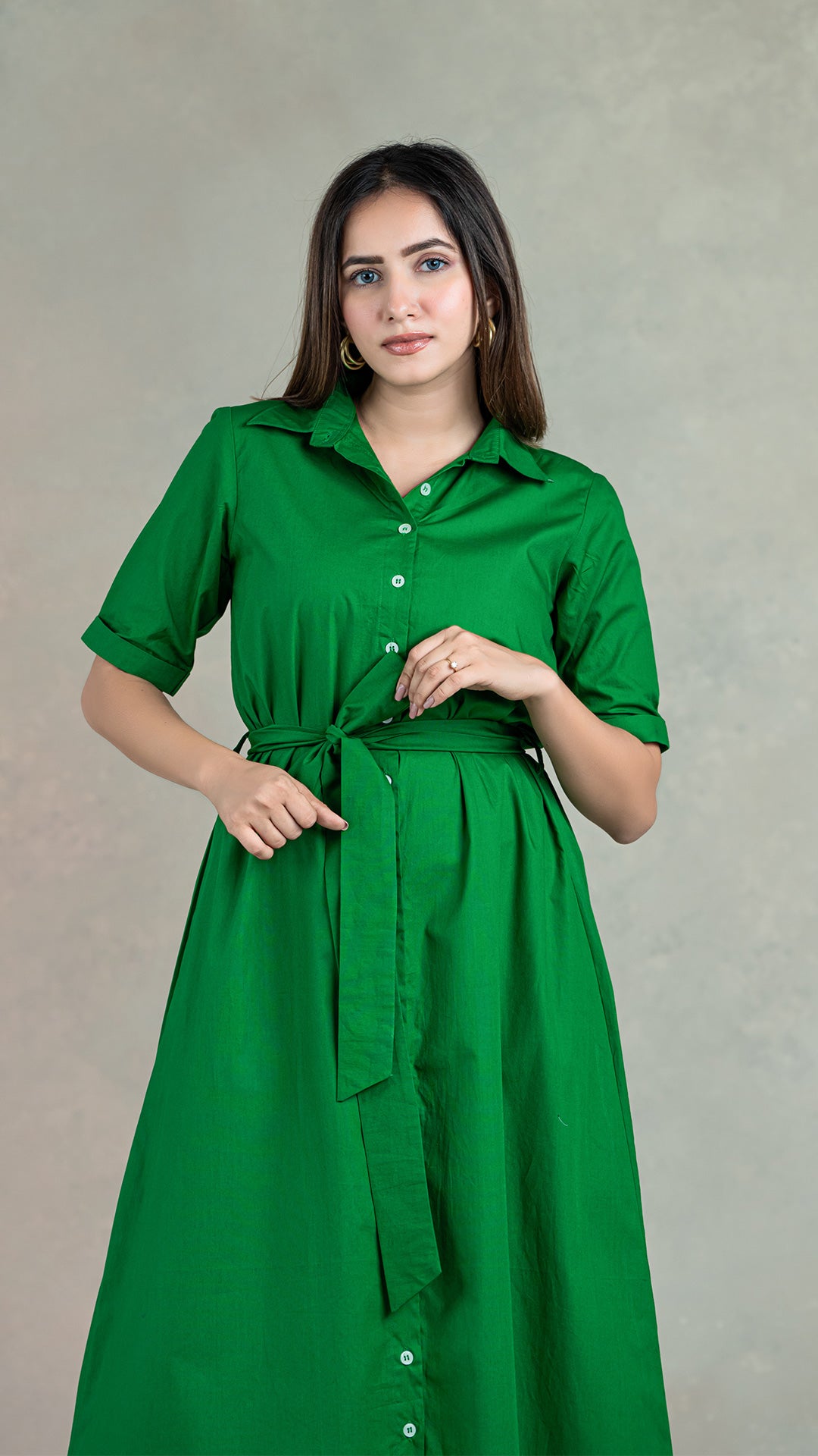 Dark Green Shirt Dress With Belt In Organic Cotton