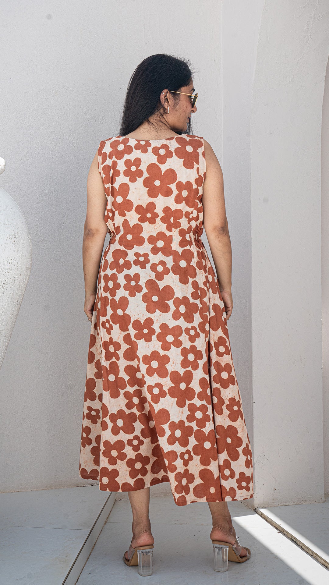 Vaanya Floral Hand Block Cotton Dress - Brown