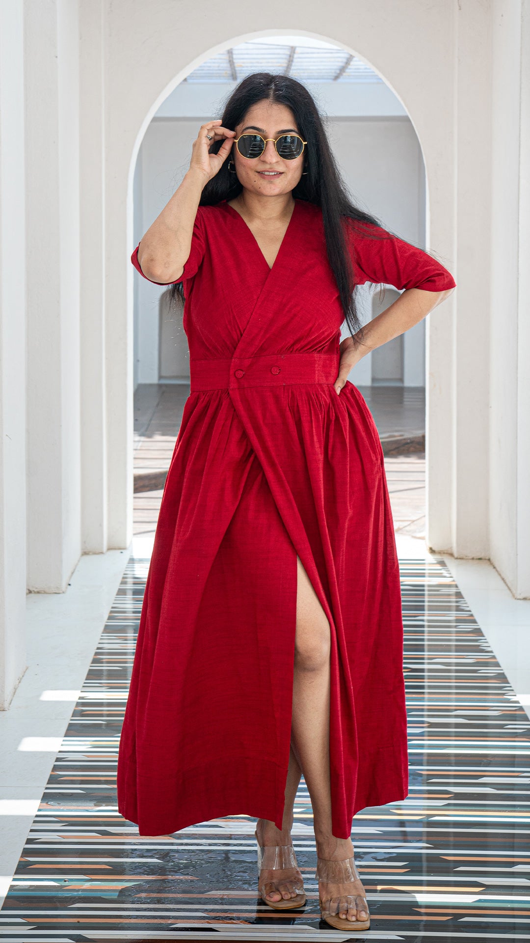 Solid Red Pleated Cotton Dress
