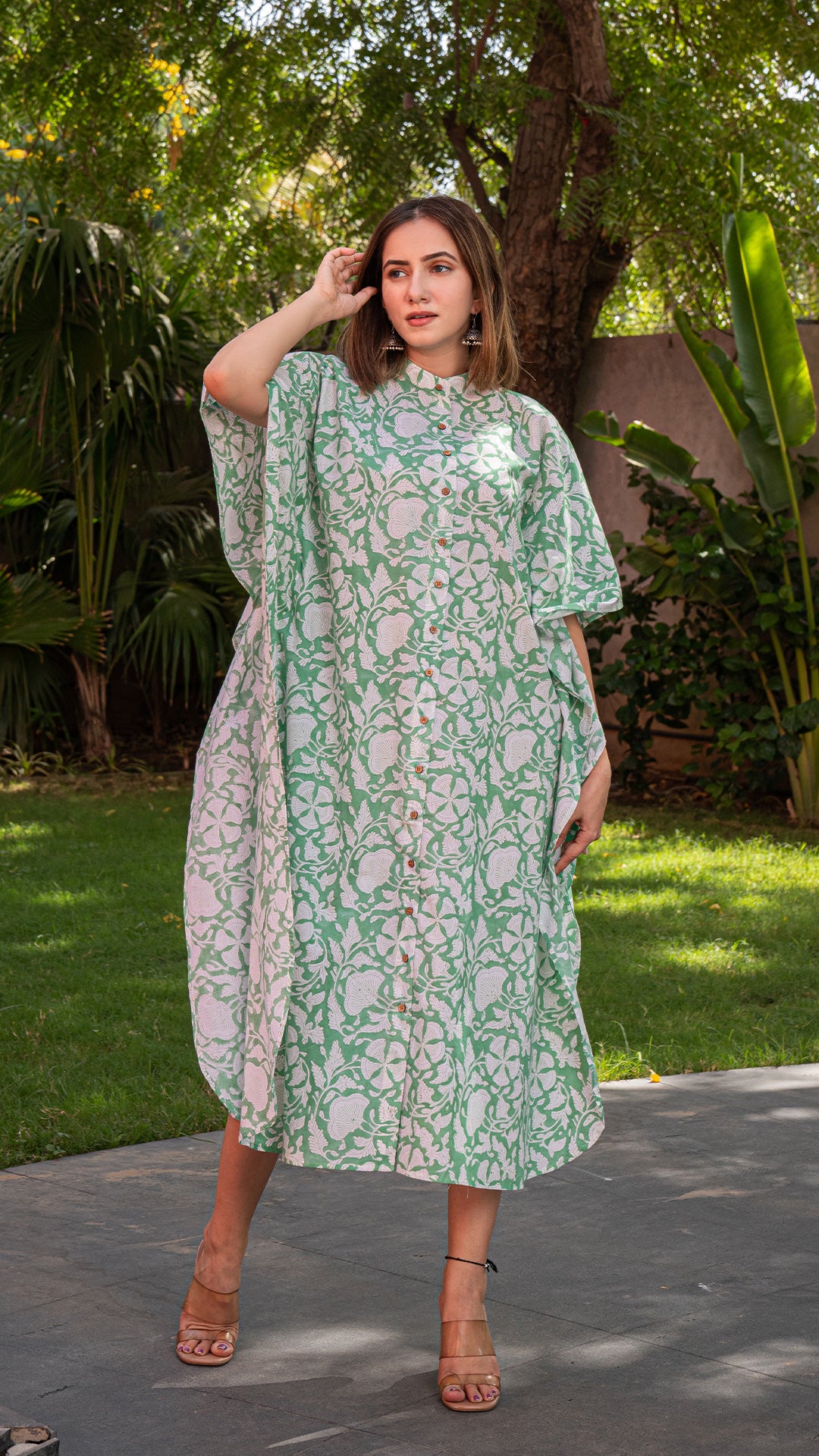 Powder Green Sanganeri Print Cotton Kaftan