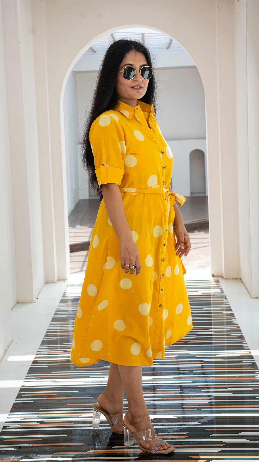 Anjum Polka Dots Hand Block Cotton Shirt Dress - Yellow