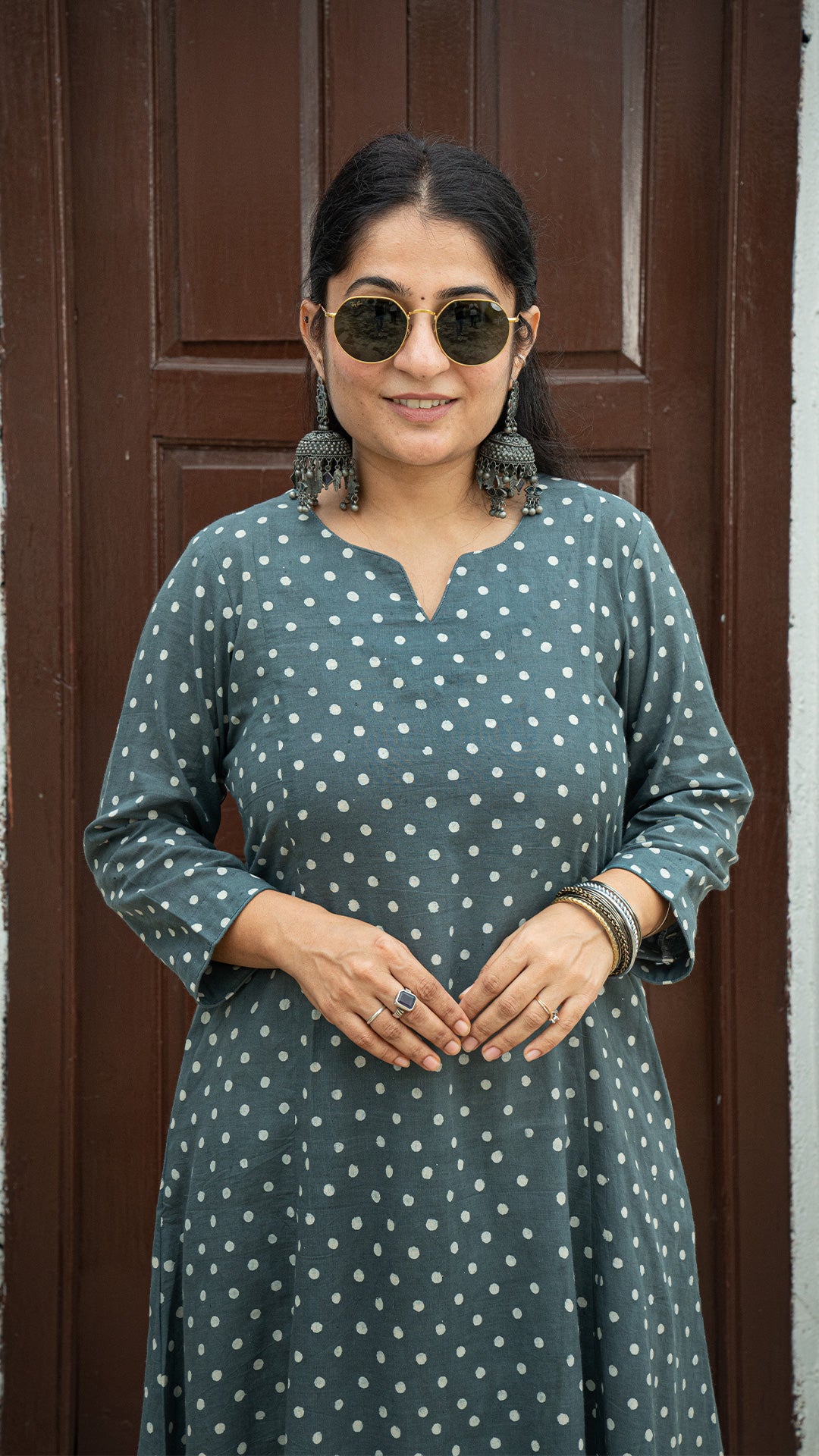 Grey and White Polka Dots Kali Cotton Kurta In Cotton
