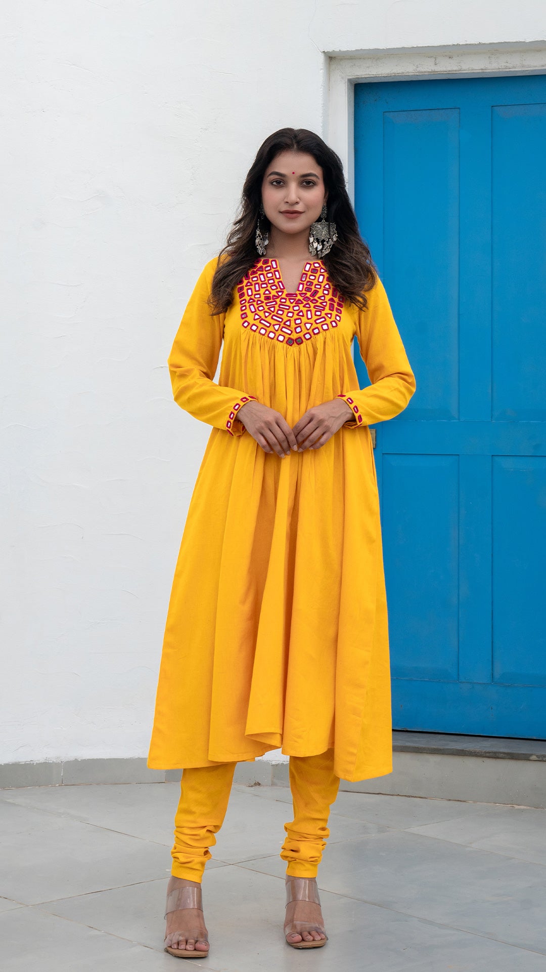 Yellow Mirror Embroidered Kurta In Cotton