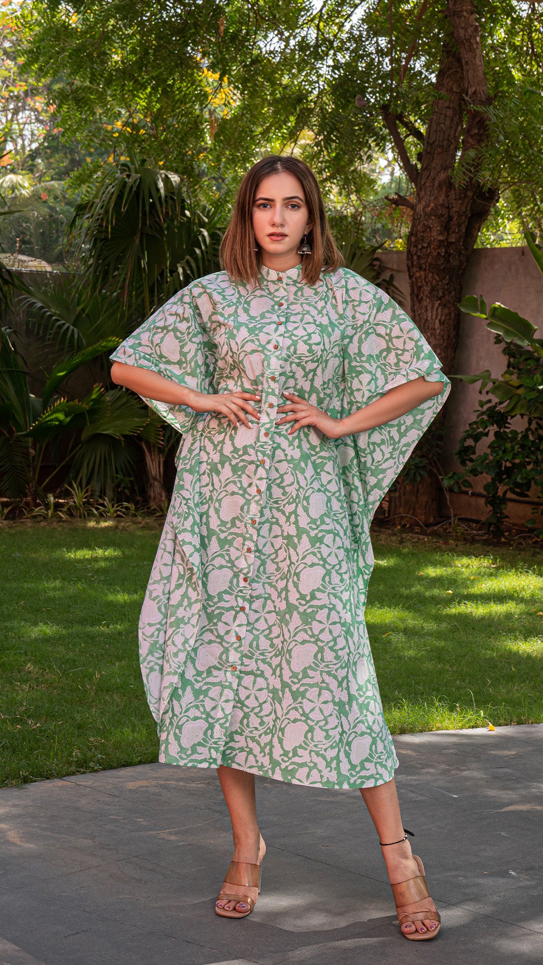 Powder Green Sanganeri Print Cotton Kaftan