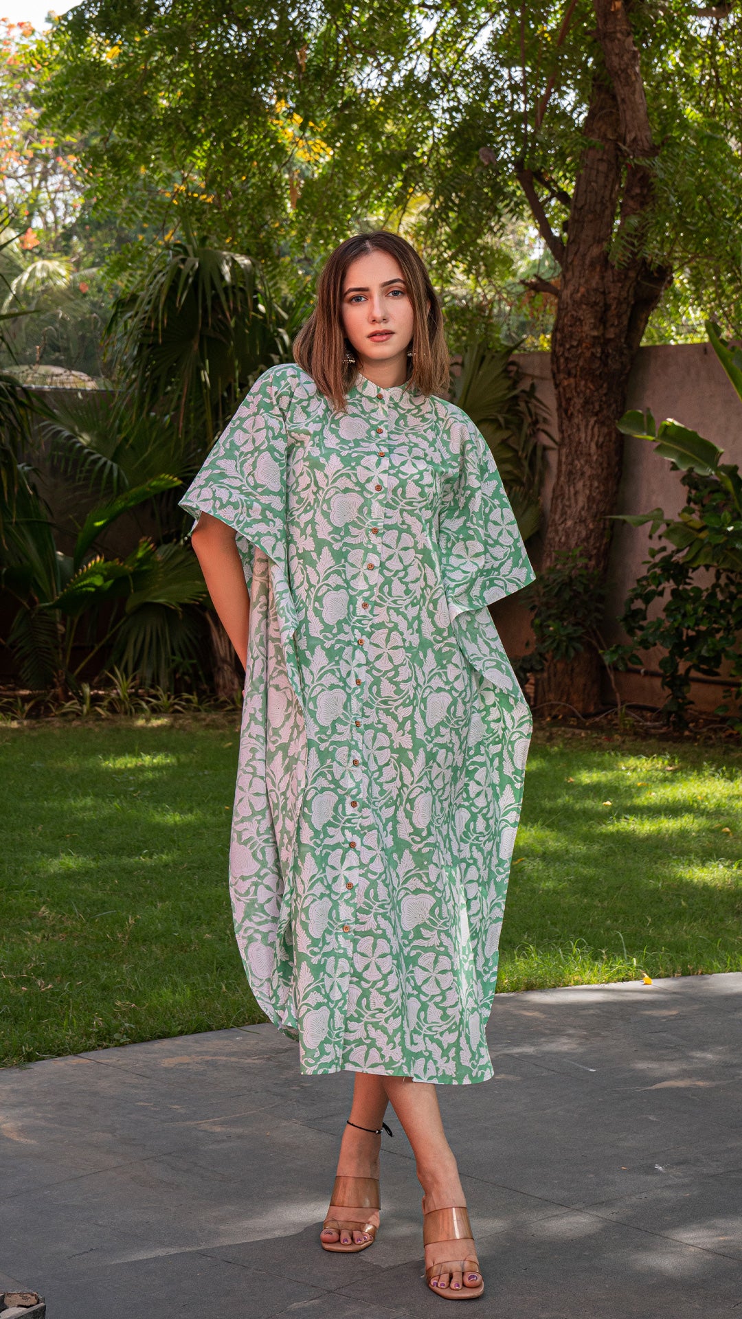 Powder Green Sanganeri Print Cotton Kaftan