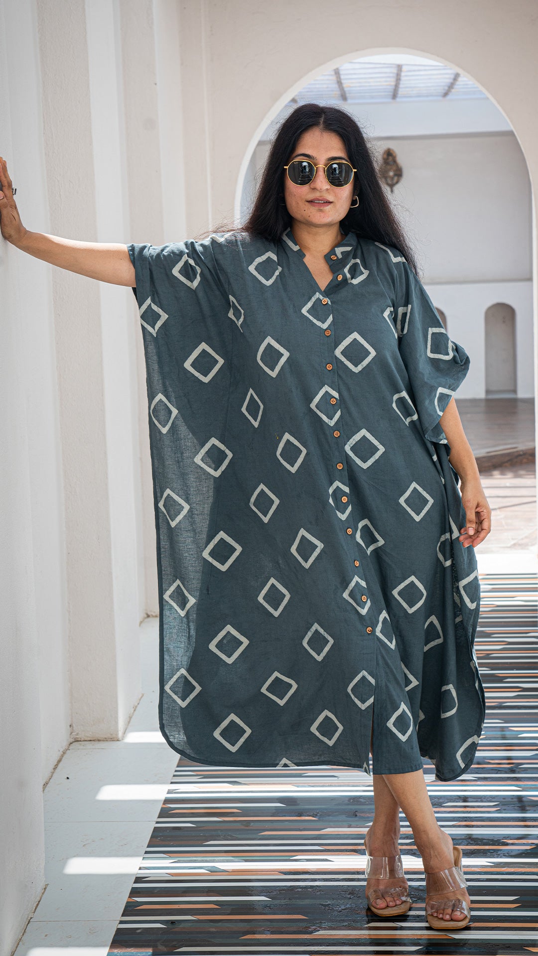 Grey Geometric Print Cotton Kaftan
