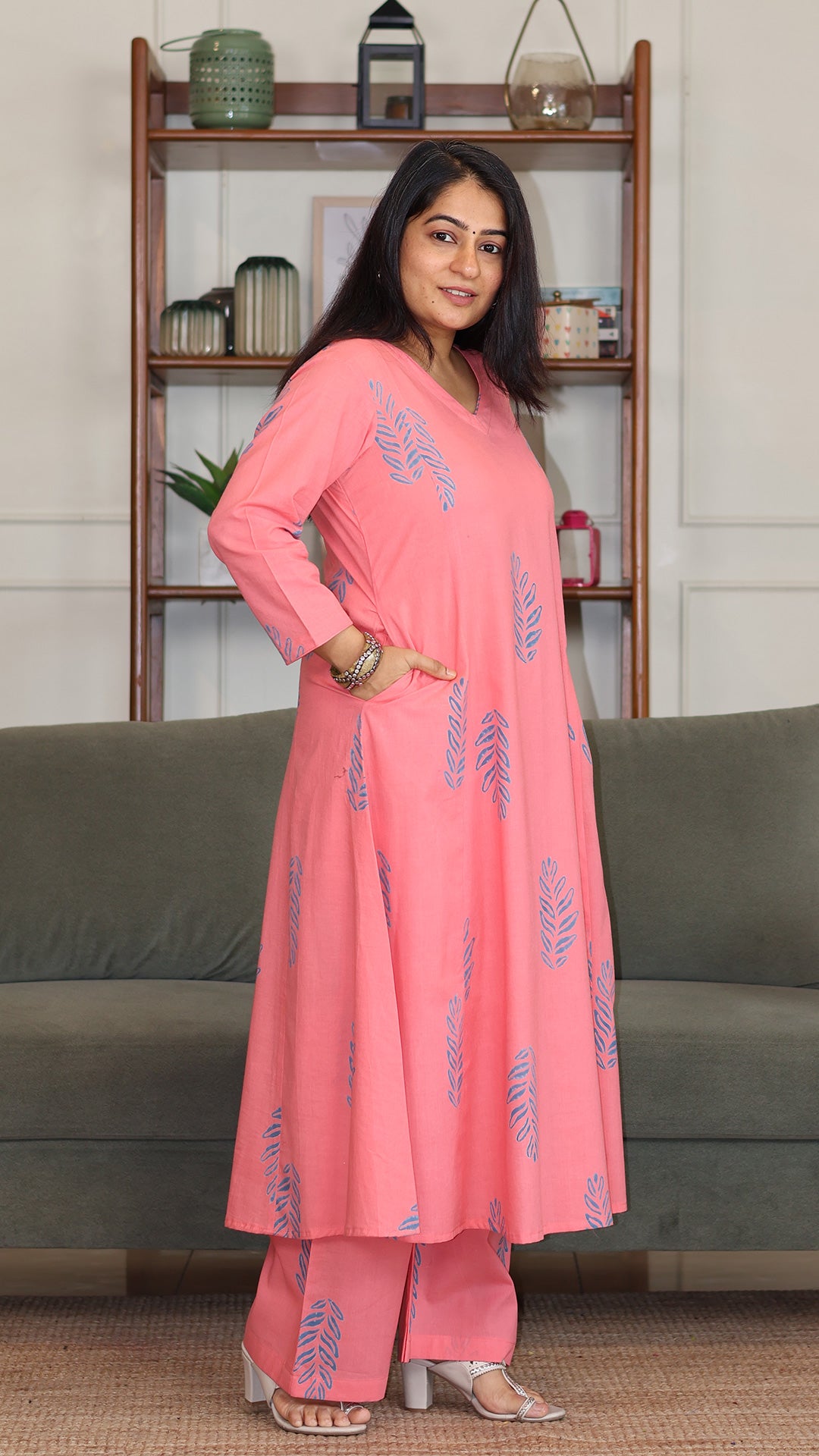 Nora Hand Block Cotton Kurta - Peach
