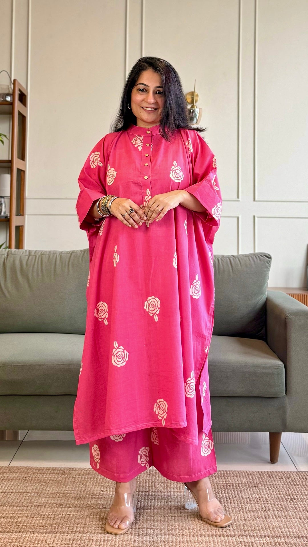 Raahi Kaftan Co-ord In Cotton - Pink