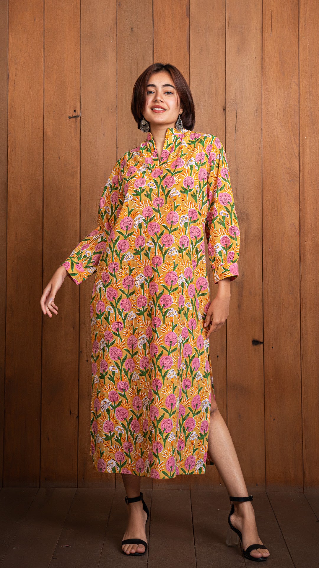 Aarah Sanganeri Hand Block Cotton Tunic Dress - Yellow/Pink