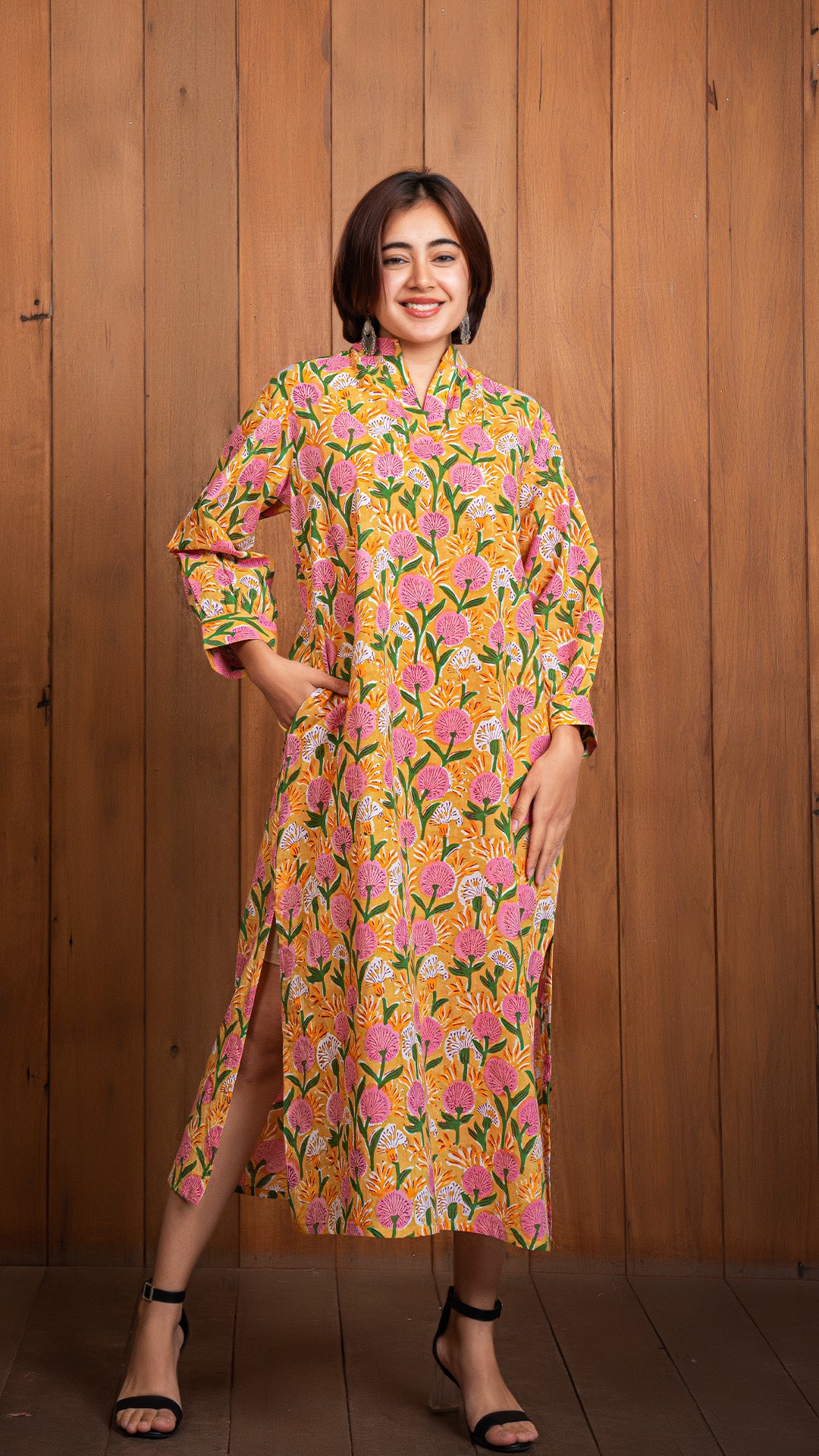 Aarah Sanganeri Hand Block Cotton Tunic Dress - Yellow/Pink