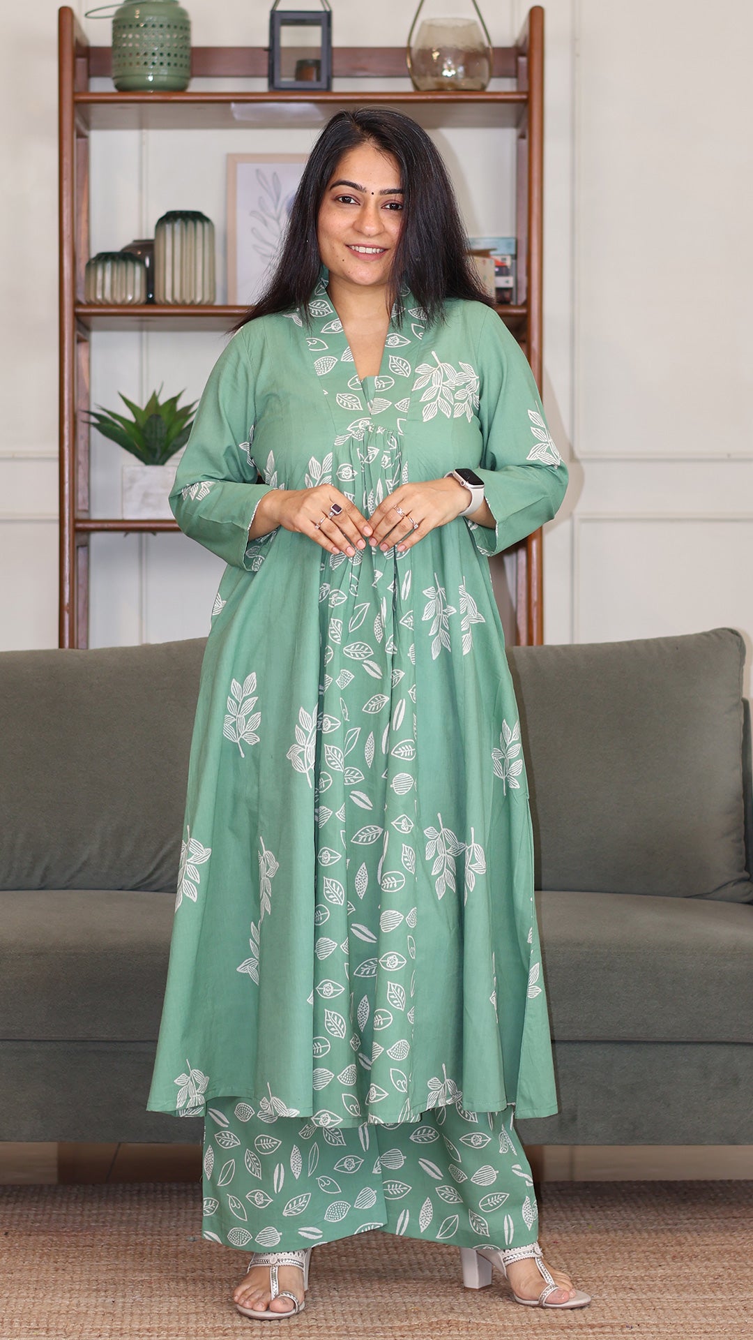 Ivana Hand Block Cotton Kurta - Sage Green