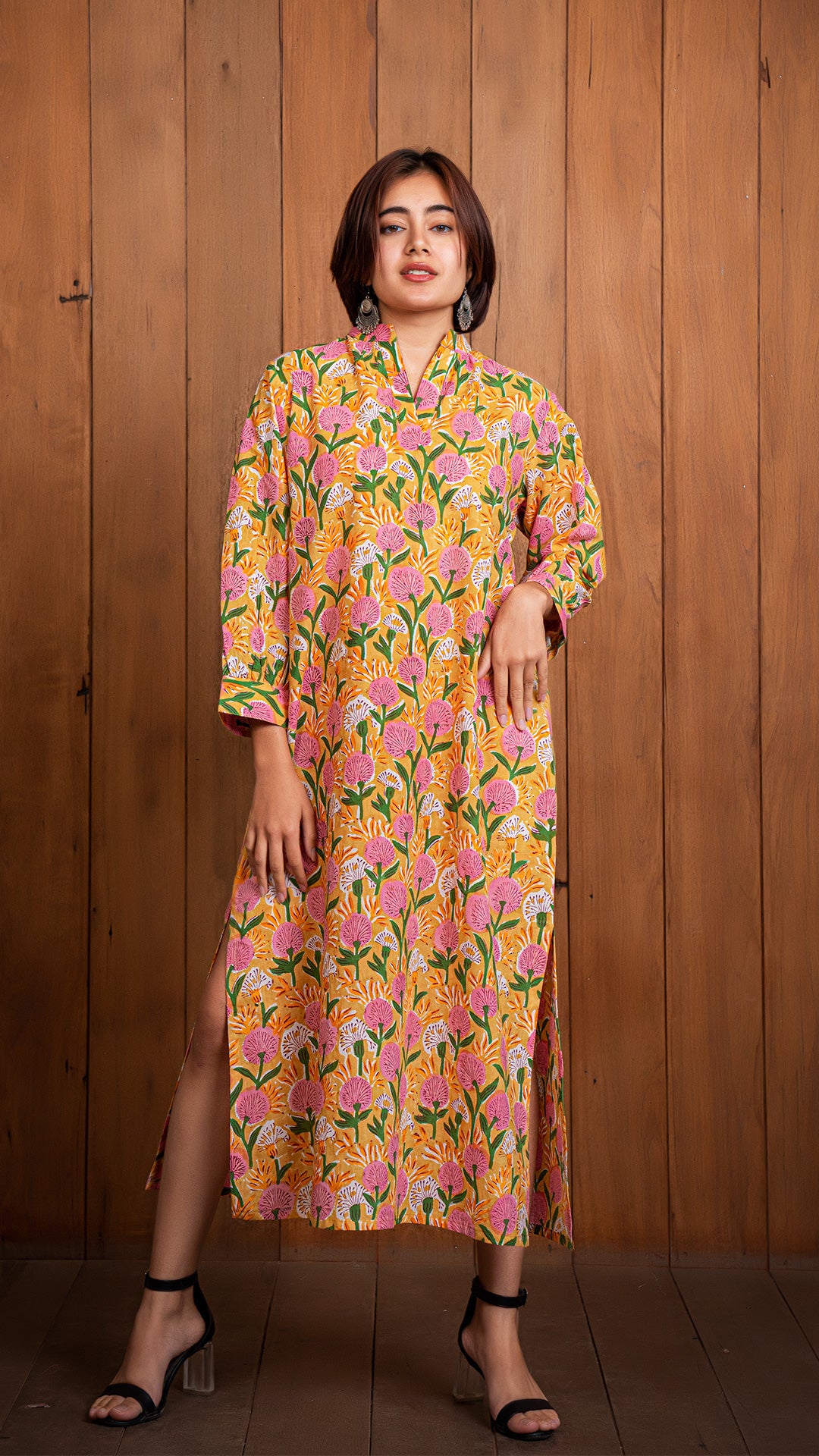 Aarah Sanganeri Hand Block Cotton Tunic Dress - Yellow/Pink