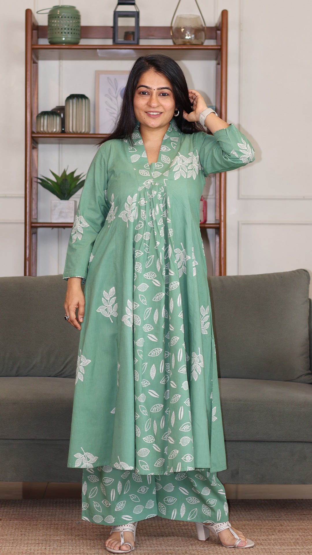 Ivana Hand Block Cotton Kurta - Sage Green