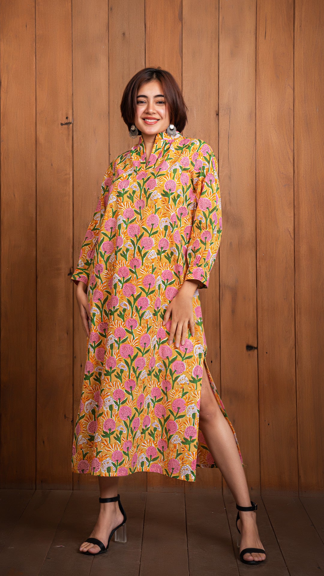 Aarah Sanganeri Hand Block Cotton Tunic Dress - Yellow/Pink