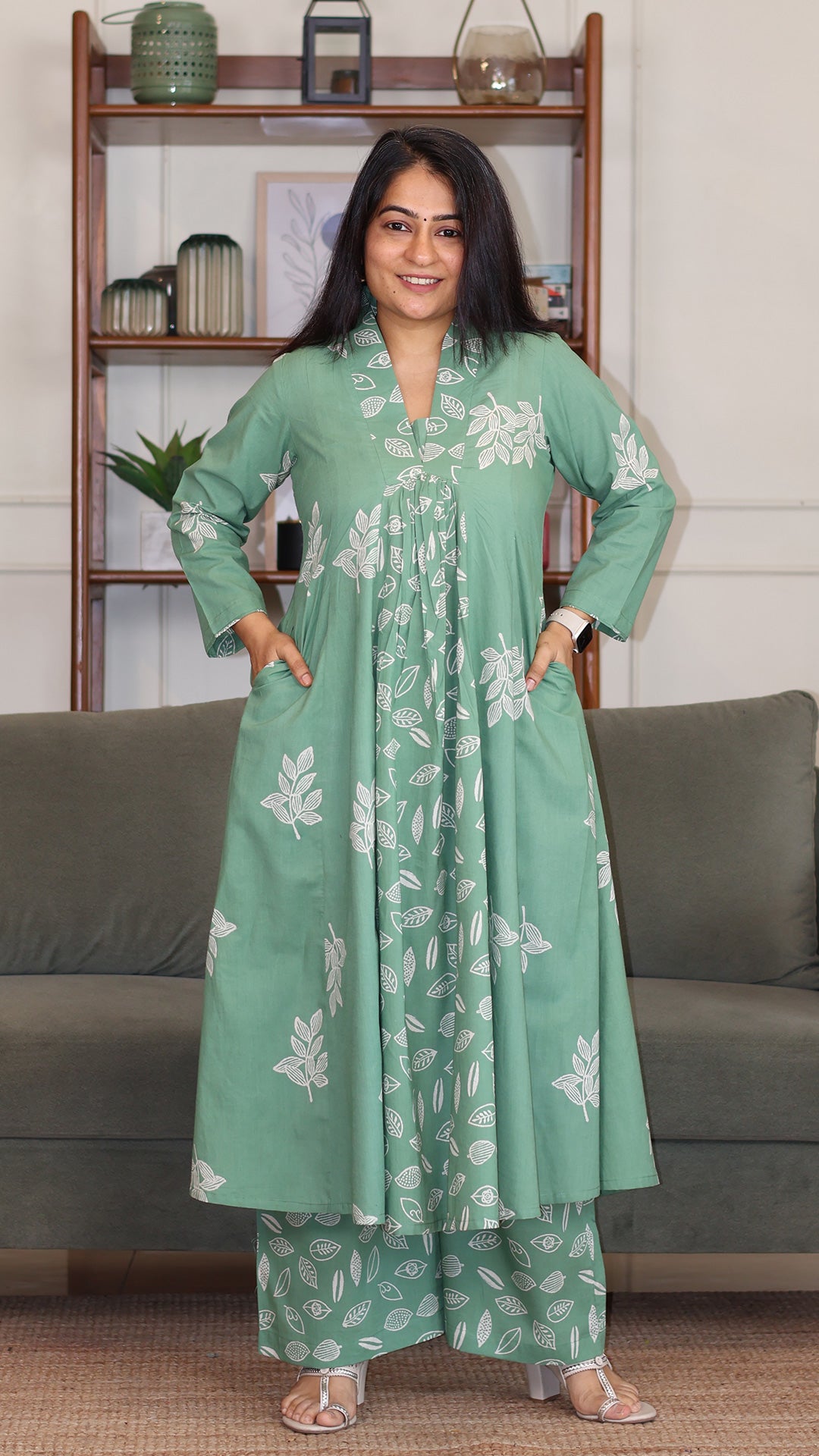 Ivana Hand Block Cotton Kurta - Sage Green