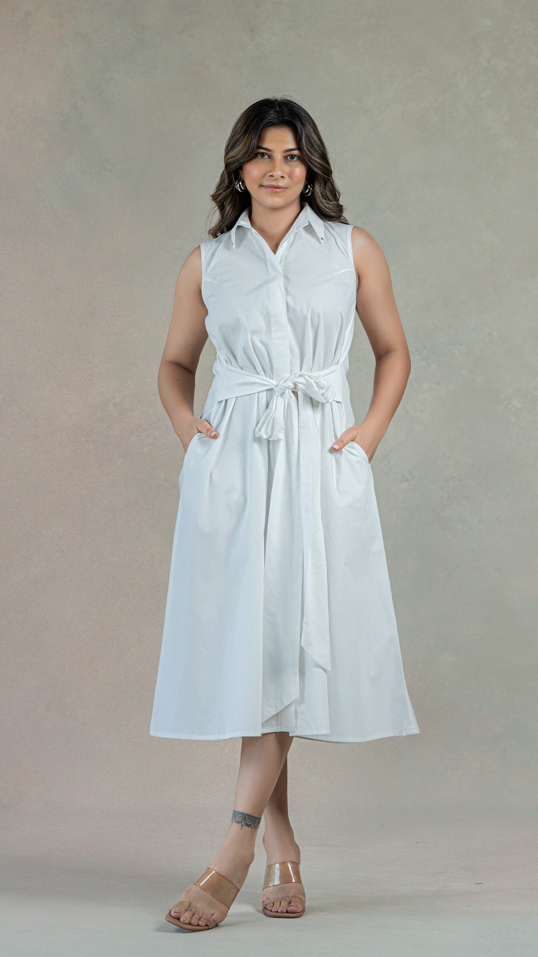 White Shirt Dress With Attached Belt In Organic Cotton