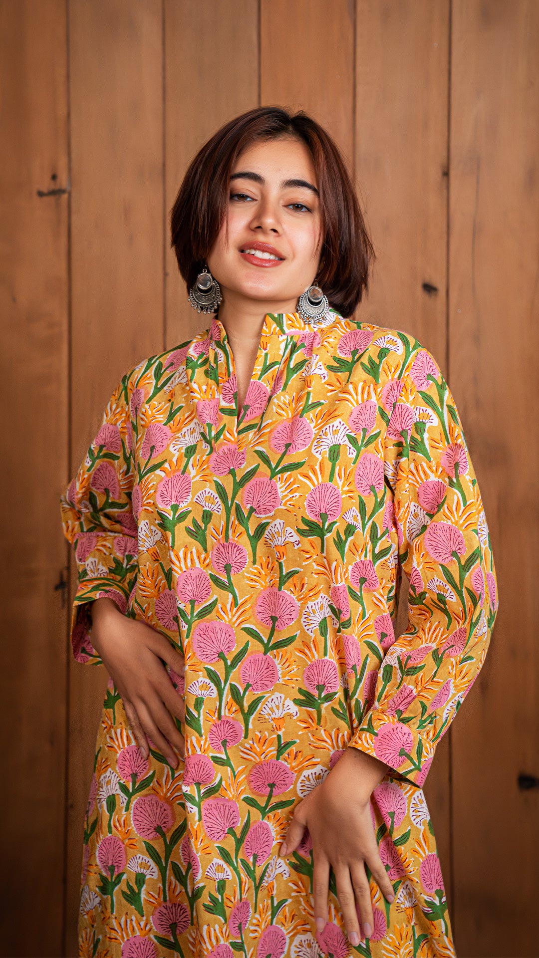 Aarah Sanganeri Hand Block Cotton Tunic Dress - Yellow/Pink