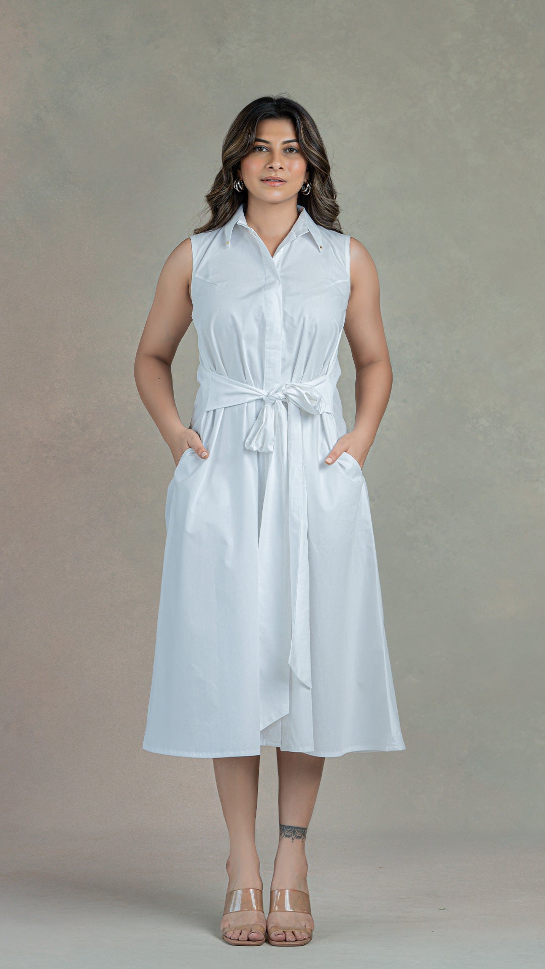 White Shirt Dress With Attached Belt In Organic Cotton