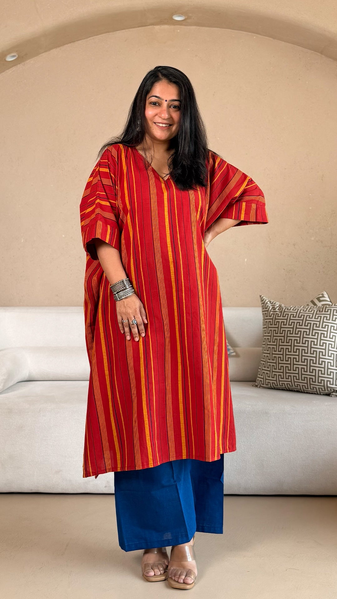 Rucha Stripes Kaftan Co-ord In Handwoven Cotton - Red