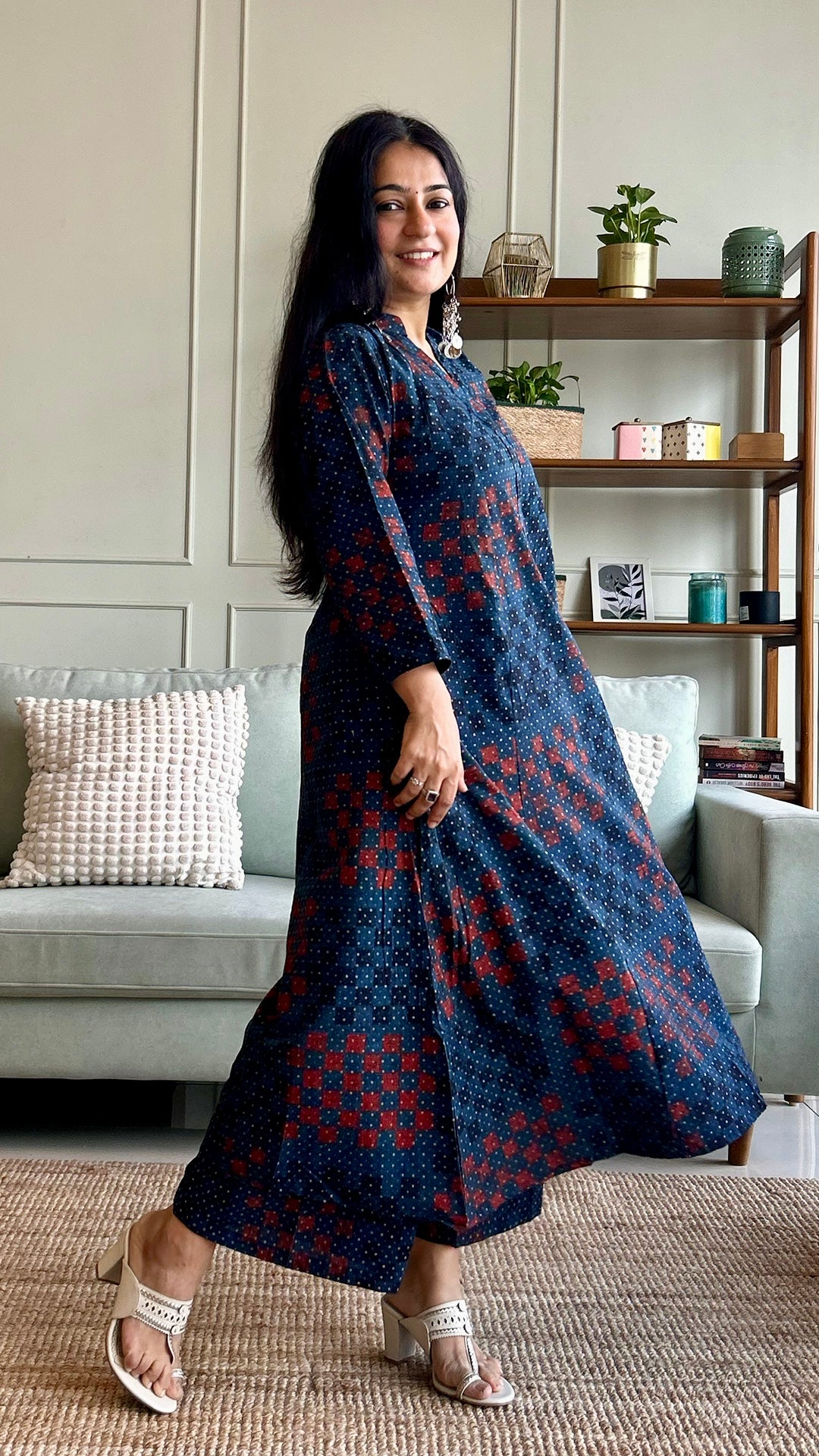 Sayeli Ajrakh Handblock Kali Kurta - Indigo