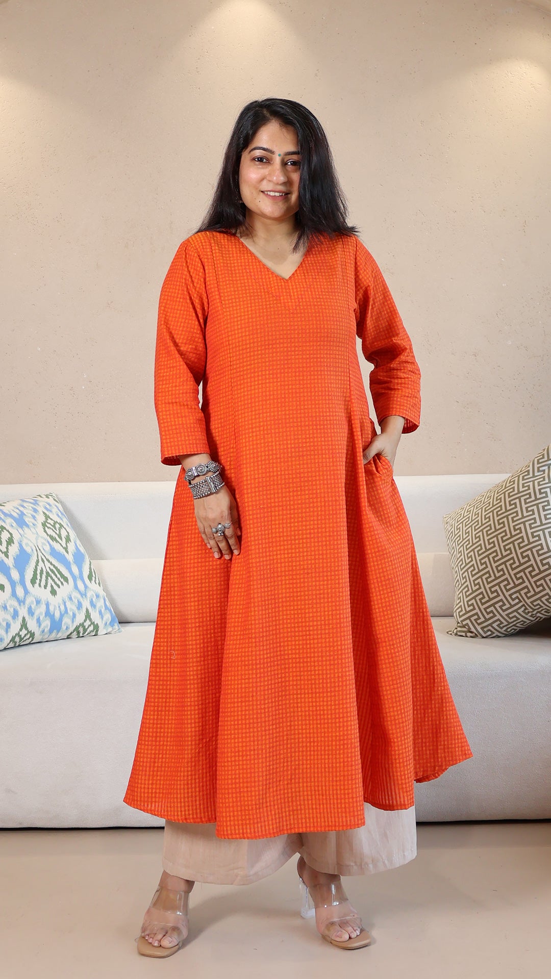 Orange Checkered Handwoven Cotton Kurta