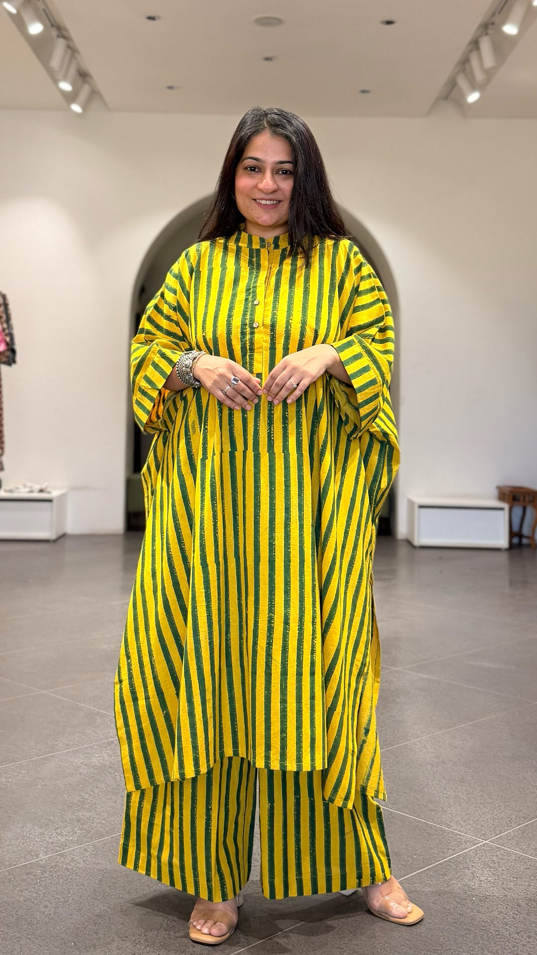 Joe Ajrakh Cotton Kaftan Co-ord - Yellow/Green