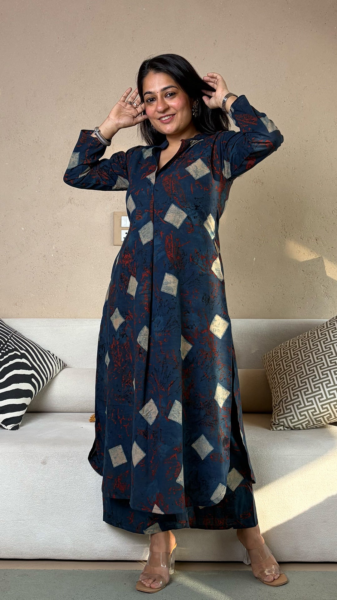 Nida Ajrakh Kali Kurta In Cotton - Indigo