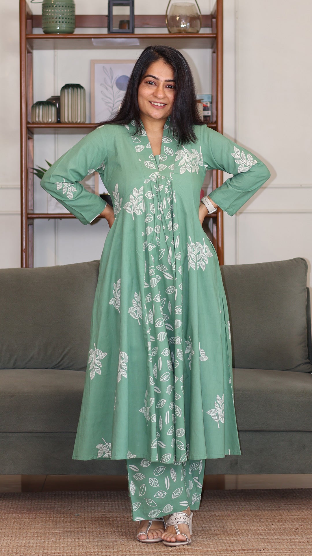 Ivana Hand Block Cotton Kurta - Sage Green