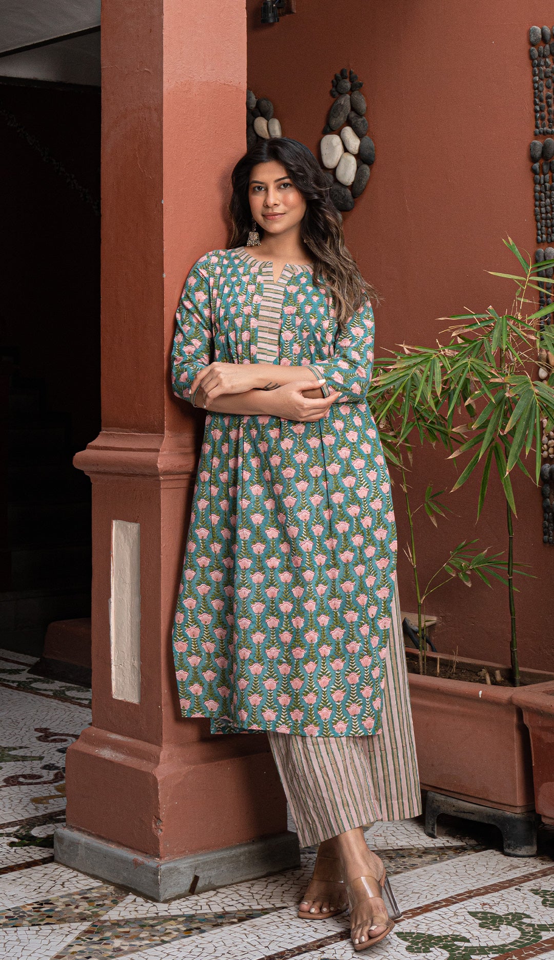 Raaha Sanganeri Hand Block Printed Cotton Kurta - Teal