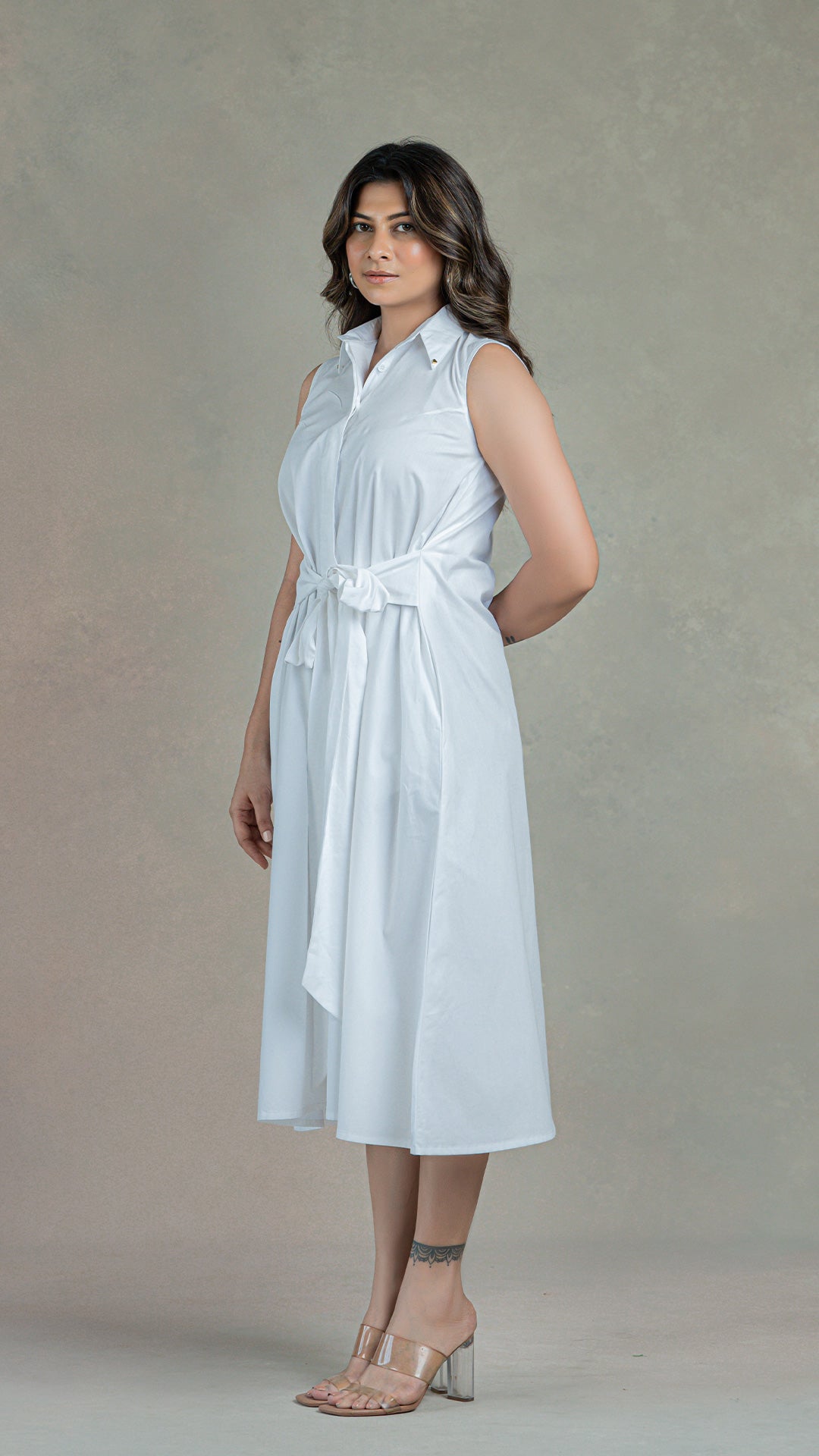 White Shirt Dress With Attached Belt In Organic Cotton