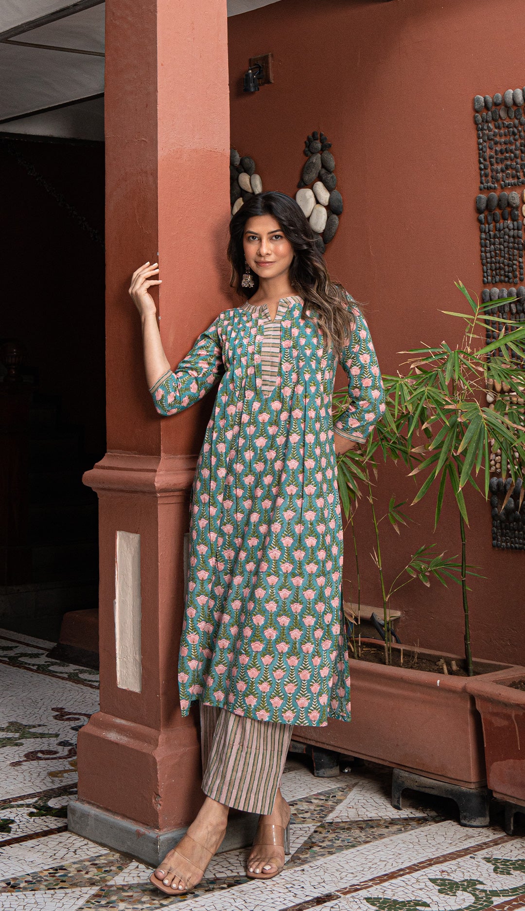 Raaha Sanganeri Hand Block Printed Cotton Kurta - Teal