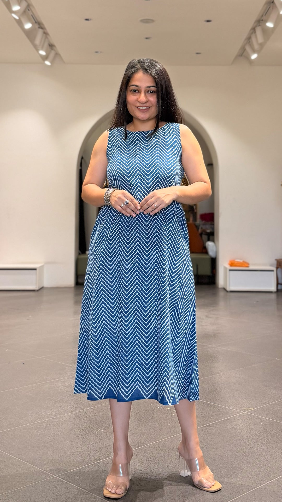 Indigo Zig Zag Cotton Midi Dress In Ajrakh