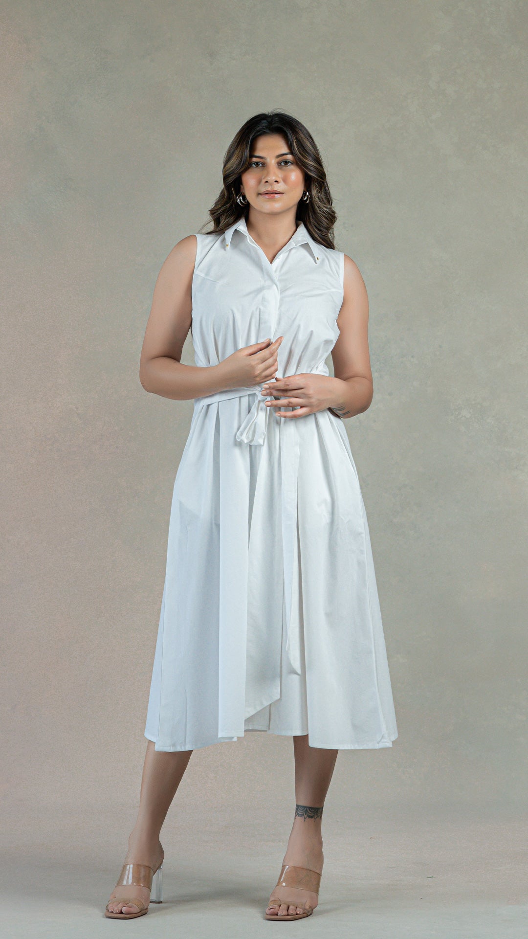 White Shirt Dress With Attached Belt In Organic Cotton