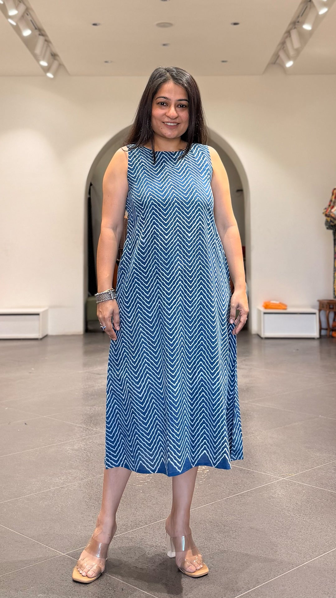 Indigo Zig Zag Cotton Midi Dress In Ajrakh