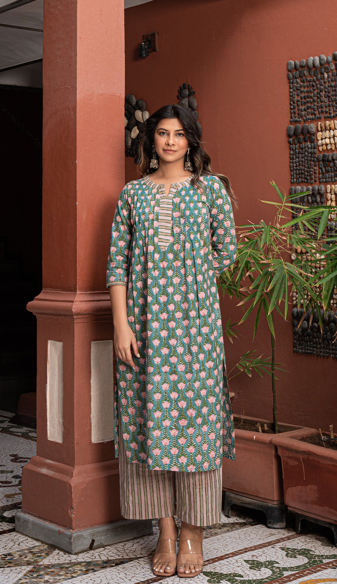 Raaha Sanganeri Hand Block Printed Cotton Kurta - Teal