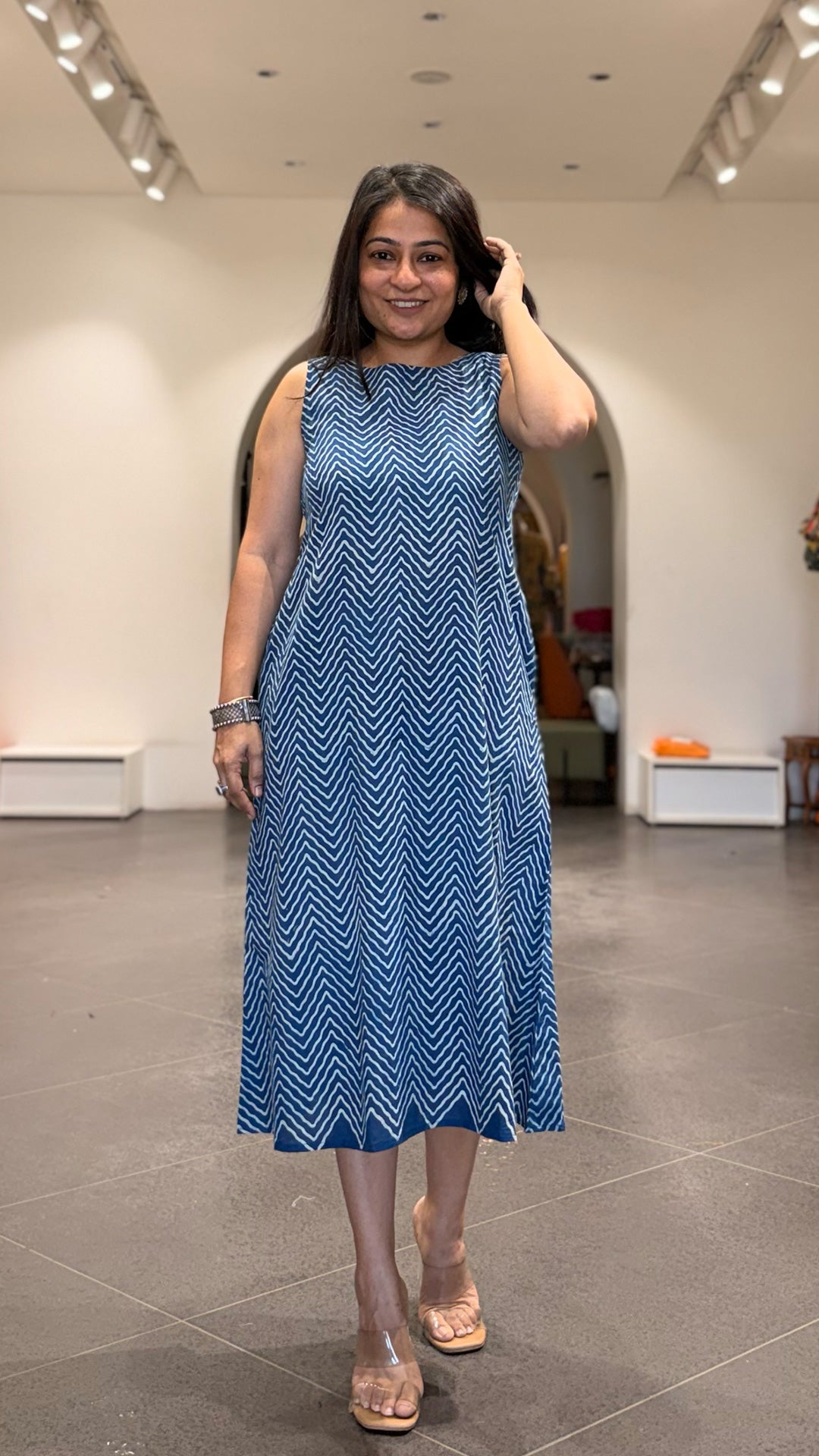 Indigo Zig Zag Cotton Midi Dress In Ajrakh