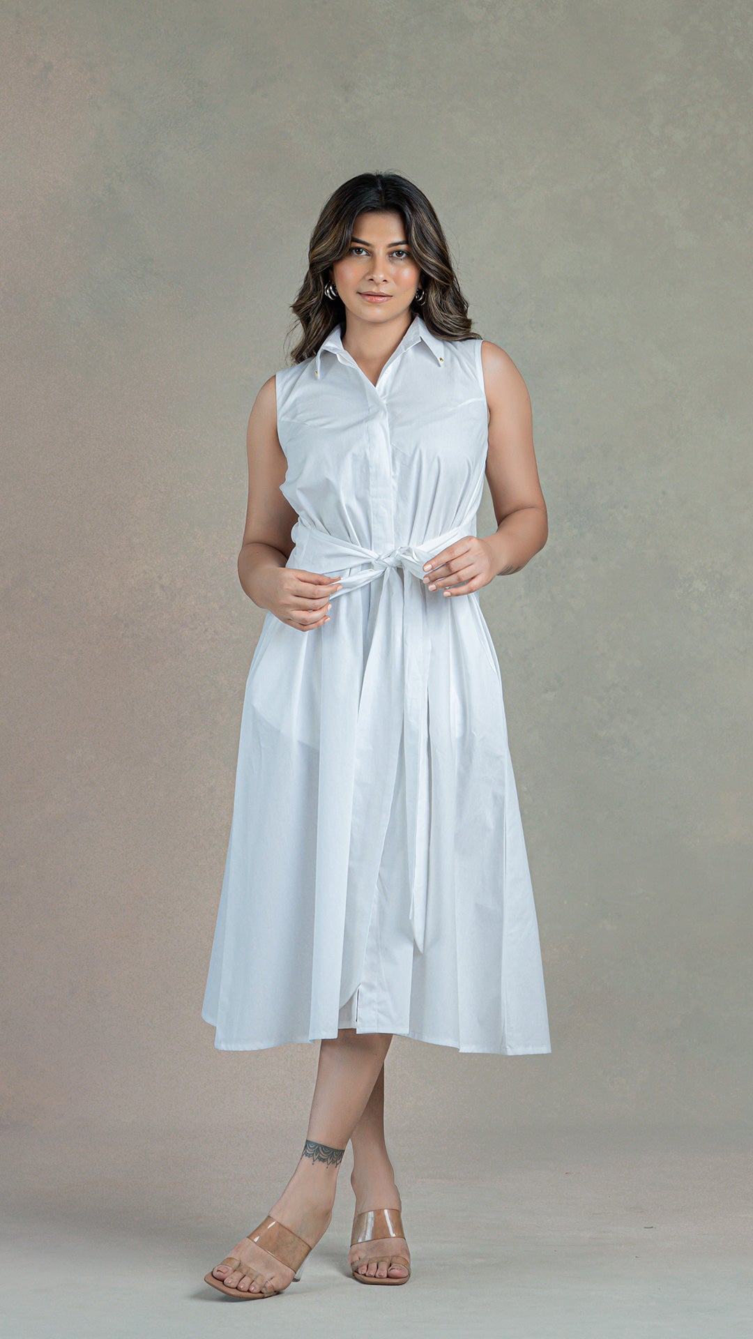 White Shirt Dress With Attached Belt In Organic Cotton