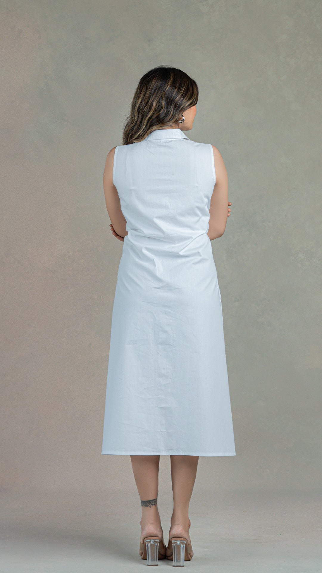 White Shirt Dress With Attached Belt In Organic Cotton