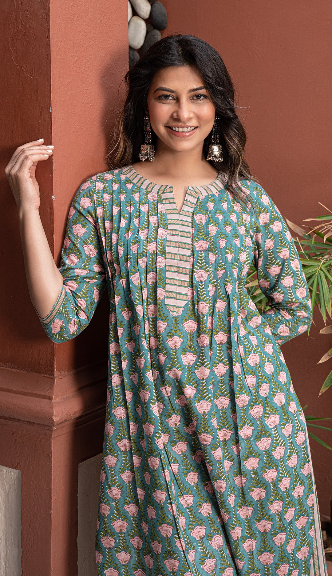 Raaha Sanganeri Hand Block Printed Cotton Kurta - Teal