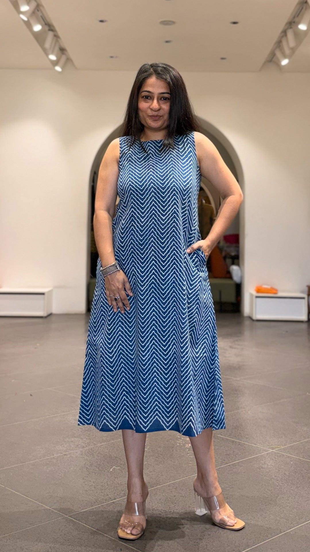 Indigo Zig Zag Cotton Midi Dress In Ajrakh