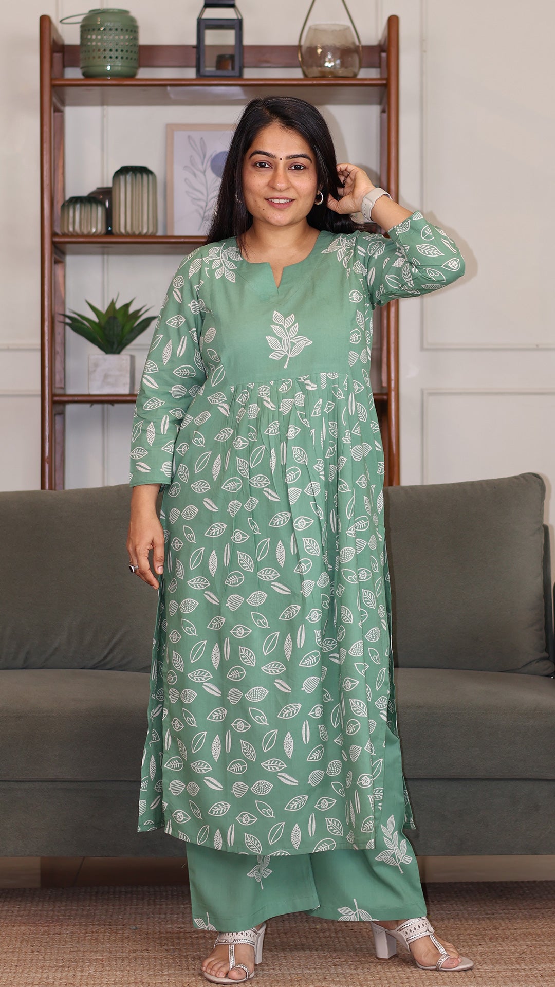 Amaira Hand Block Cotton Kurta - Sage Green