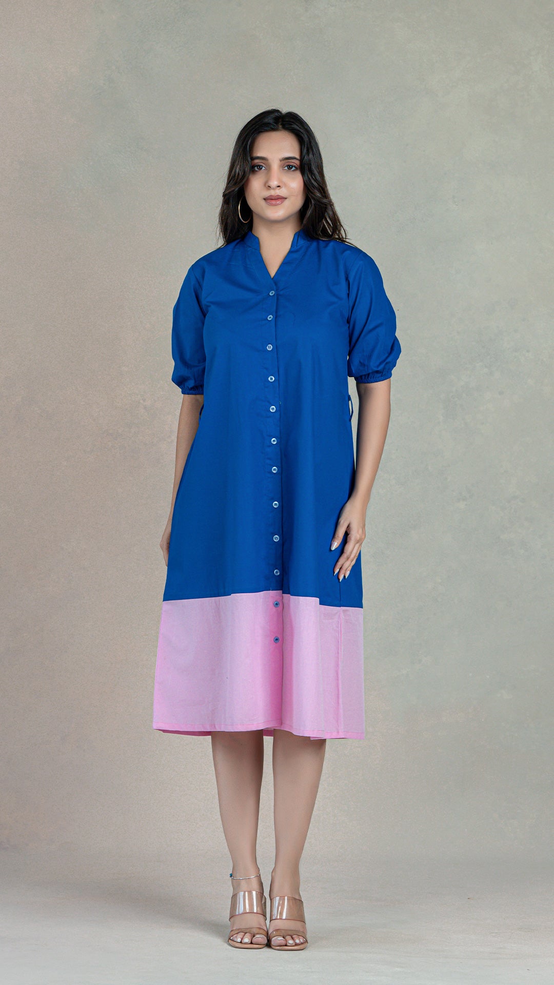 Blue - Pink Shirt Dress In Organic Cotton