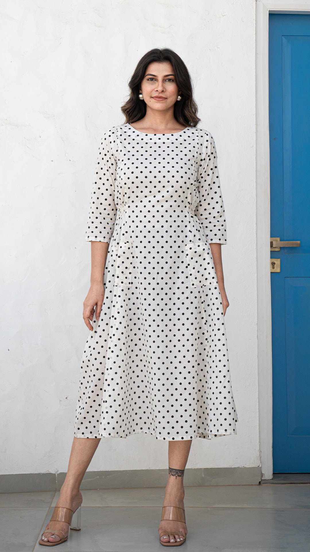 Niharika Polka Dots Dress In Cotton - White & Black