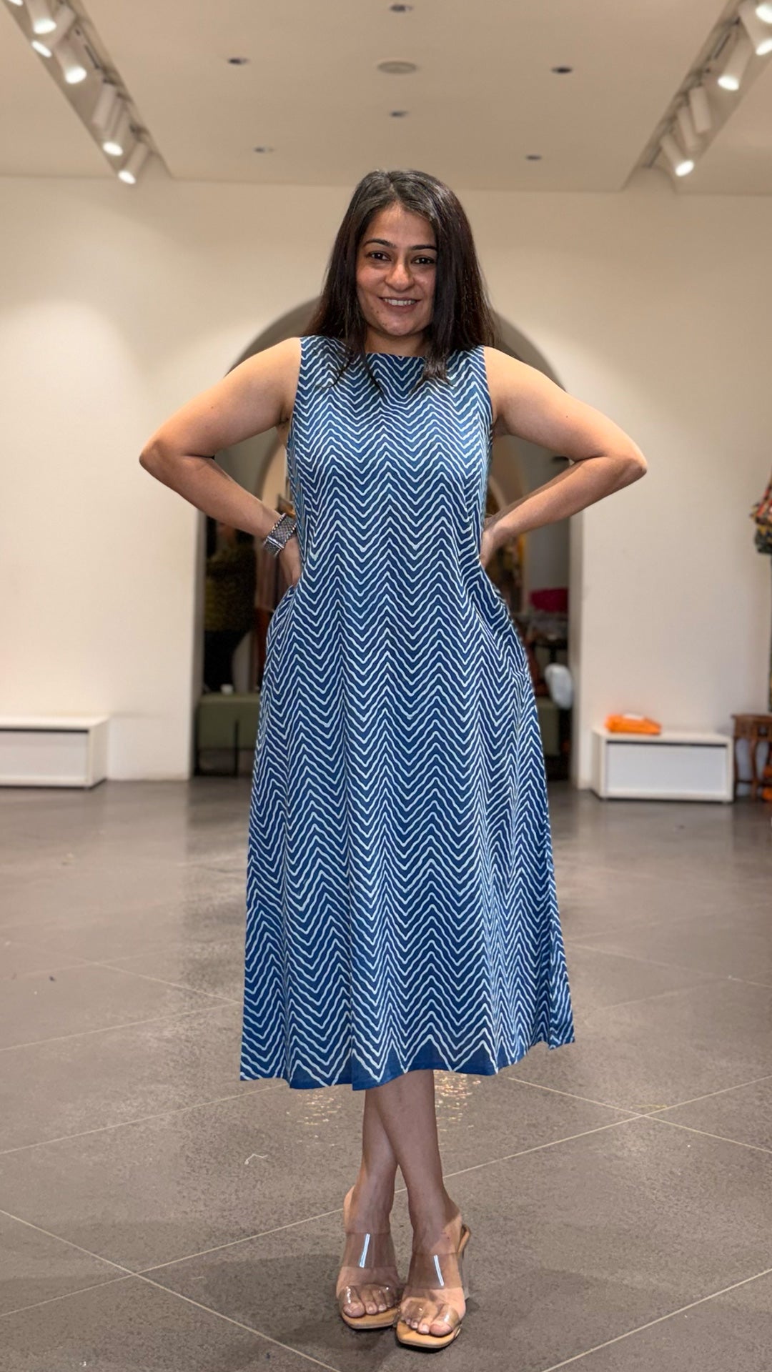 Indigo Zig Zag Cotton Midi Dress In Ajrakh